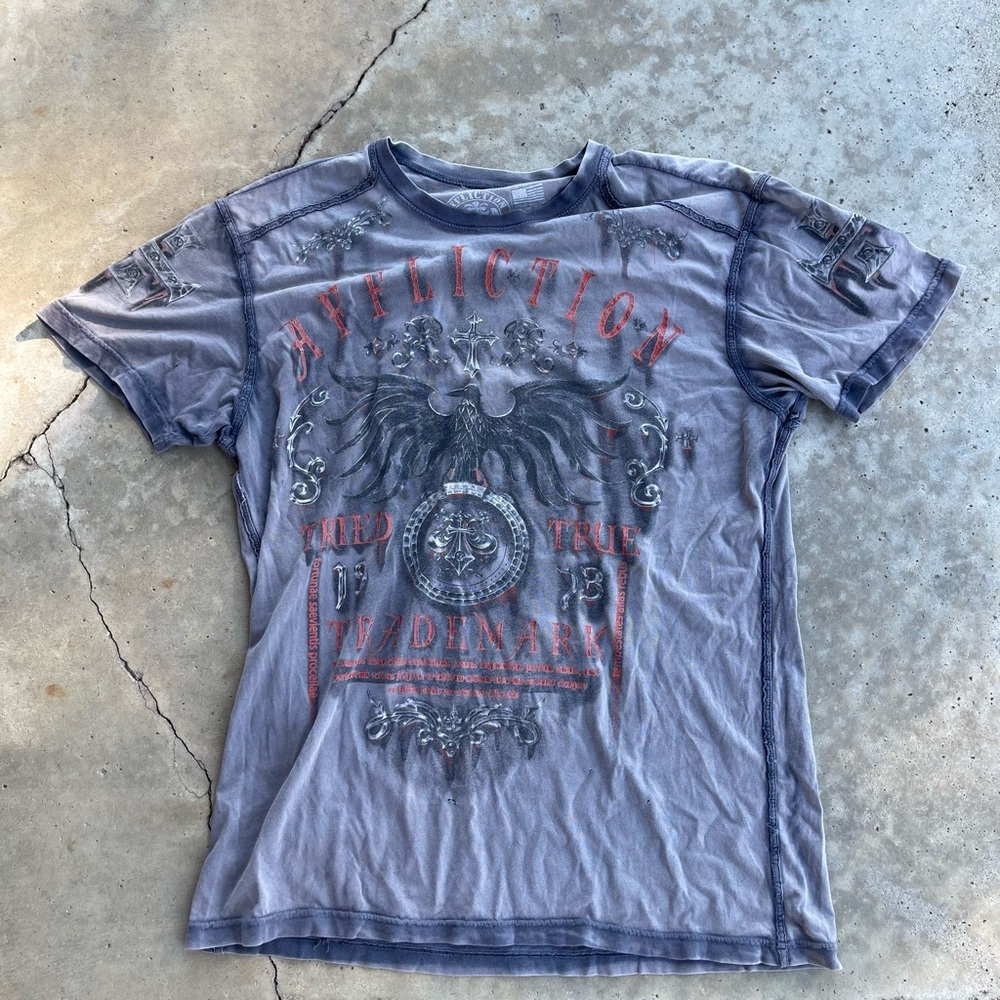 Affliction Gray Tried True Trademark Drip 2 Sided Tshirt SZ X-Large: Made In USA